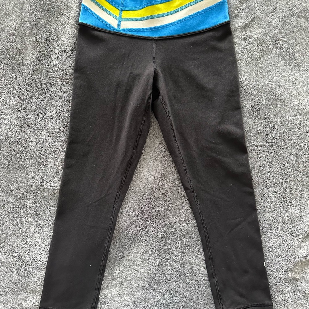 Lululemon black leggings with Blue and Yellow Waistband